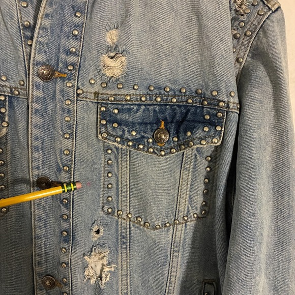 Free People Studded Distressed Demin Jacket Womens M Metal Button Boho Festival - Picture 6 of 10